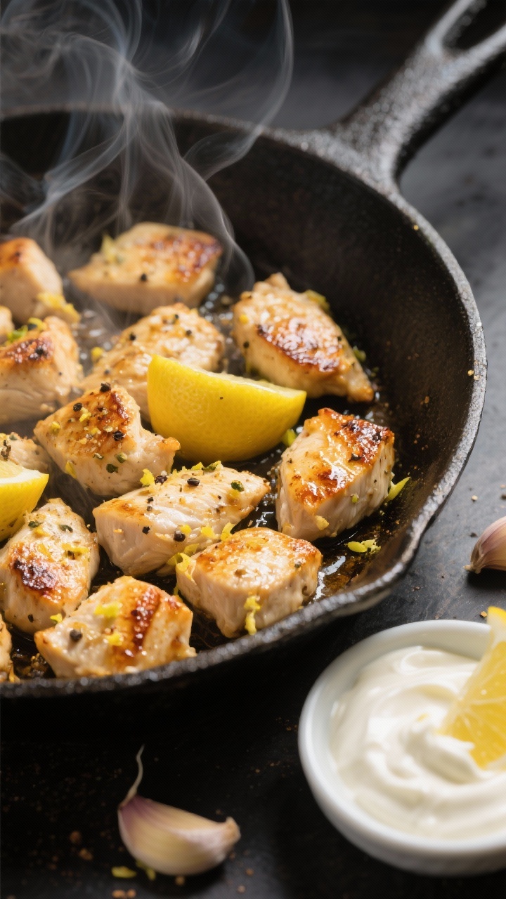 45-degree action-style shot of lemon-pepper chicken bites sizzling in a skillet: bite-sized chicken pieces seared golden with visible lemon zest, cracked pepper, and garlic powder specks; a small bowl of garlic aioli (mayo, Greek yogurt, grated garlic) nearby with a lemon wedge; steam rising subtly, glossy sear marks, lively, zesty mood.