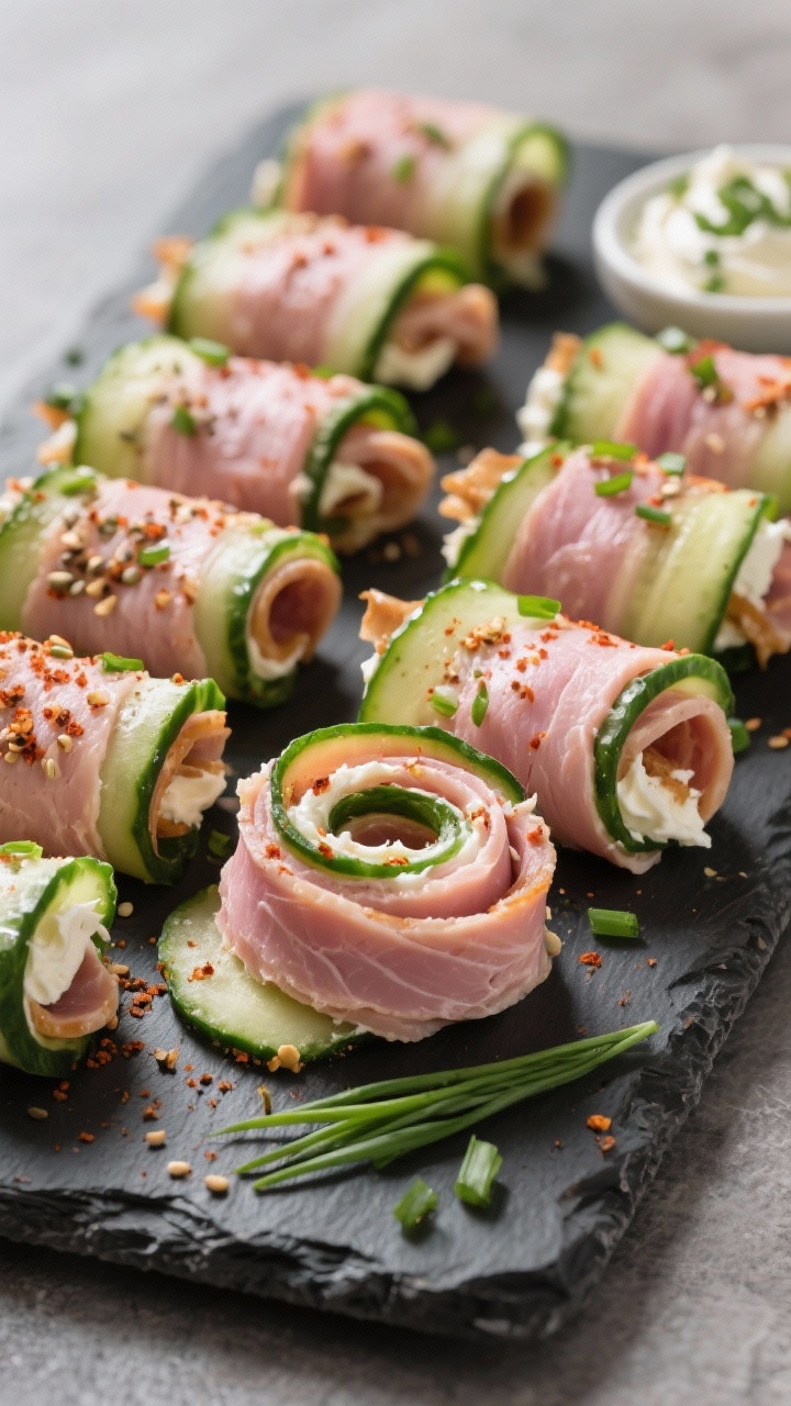 45-degree angle close-up of smoky turkey cucumber roll-ups: thin English cucumber ribbons spread with pink-tinted smoked paprika cream cheese and chives, wrapped around deli turkey strips into tight spirals; sprinkled with everything bagel seasoning; arranged in rows on a slate board with a small dish of extra chive-studded cream cheese; crisp, cool mood with high contrast highlighting freshness and crunch.
