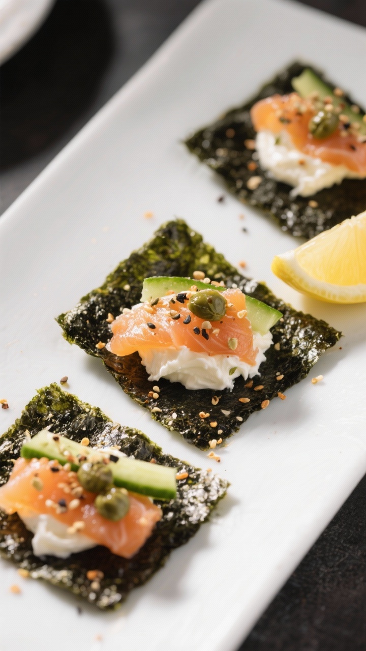 45-degree angle composition of everything-smoked salmon nori bites: crisp nori squares folded into small envelopes filled with whipped cream cheese, silky smoked salmon strips, cucumber matchsticks, and capers; sprinkled with everything bagel seasoning; lemon wedges on the side; sharp contrast between inky nori and vibrant fillings; clean, modern styling.