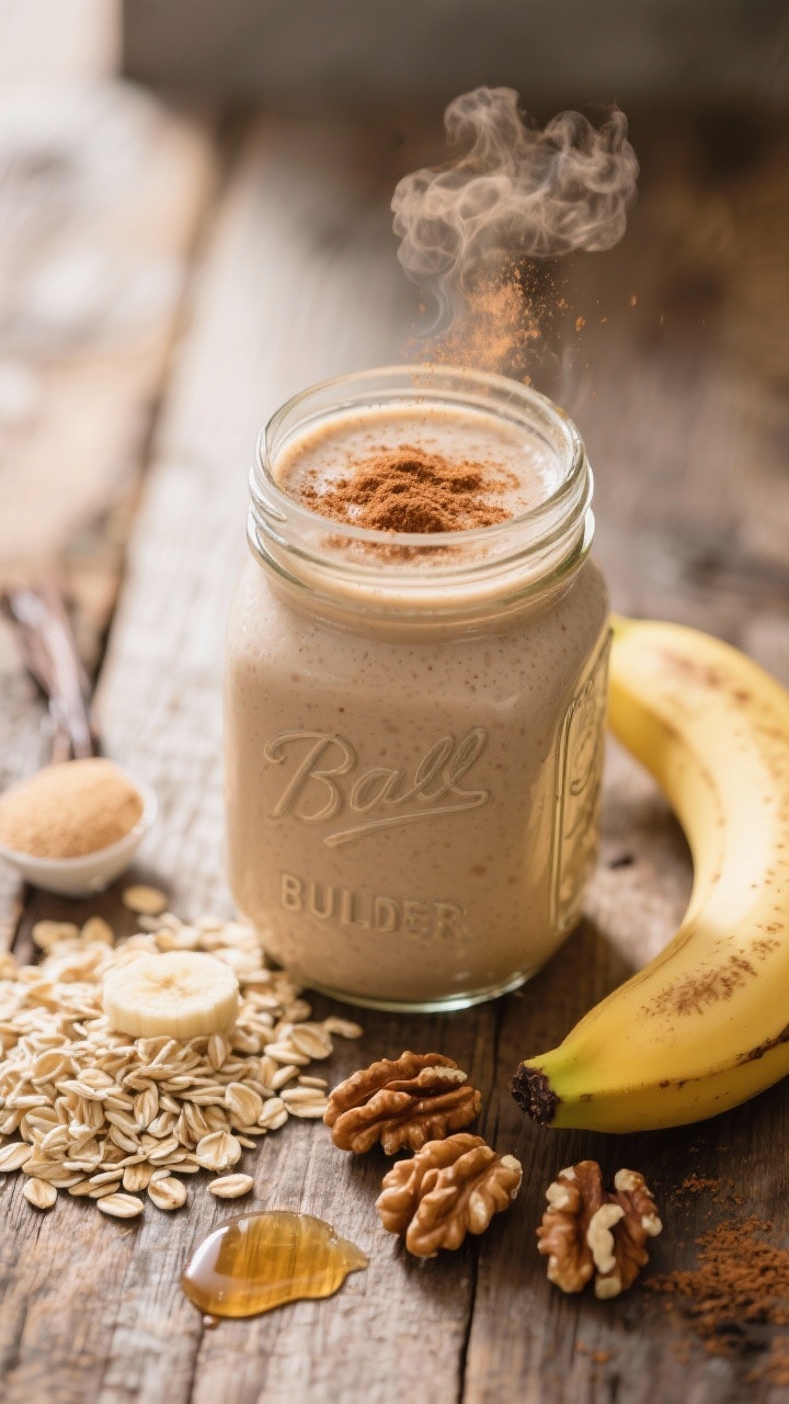A cozy 45-degree angle shot of the Banana Bread Builder Smoothie, thick and creamy in a mason jar with a light dusting of cinnamon on top; rustic wooden surface with ingredient cues: a small pile of old-fashioned oats, half a ripe banana, a few walnut pieces, a scoop of vanilla protein, a sprinkle of nutmeg, and a drizzle of maple syrup nearby; a tiny cloud of cinnamon in the air effect for warmth; soft morning light to evoke banana bread comfort.