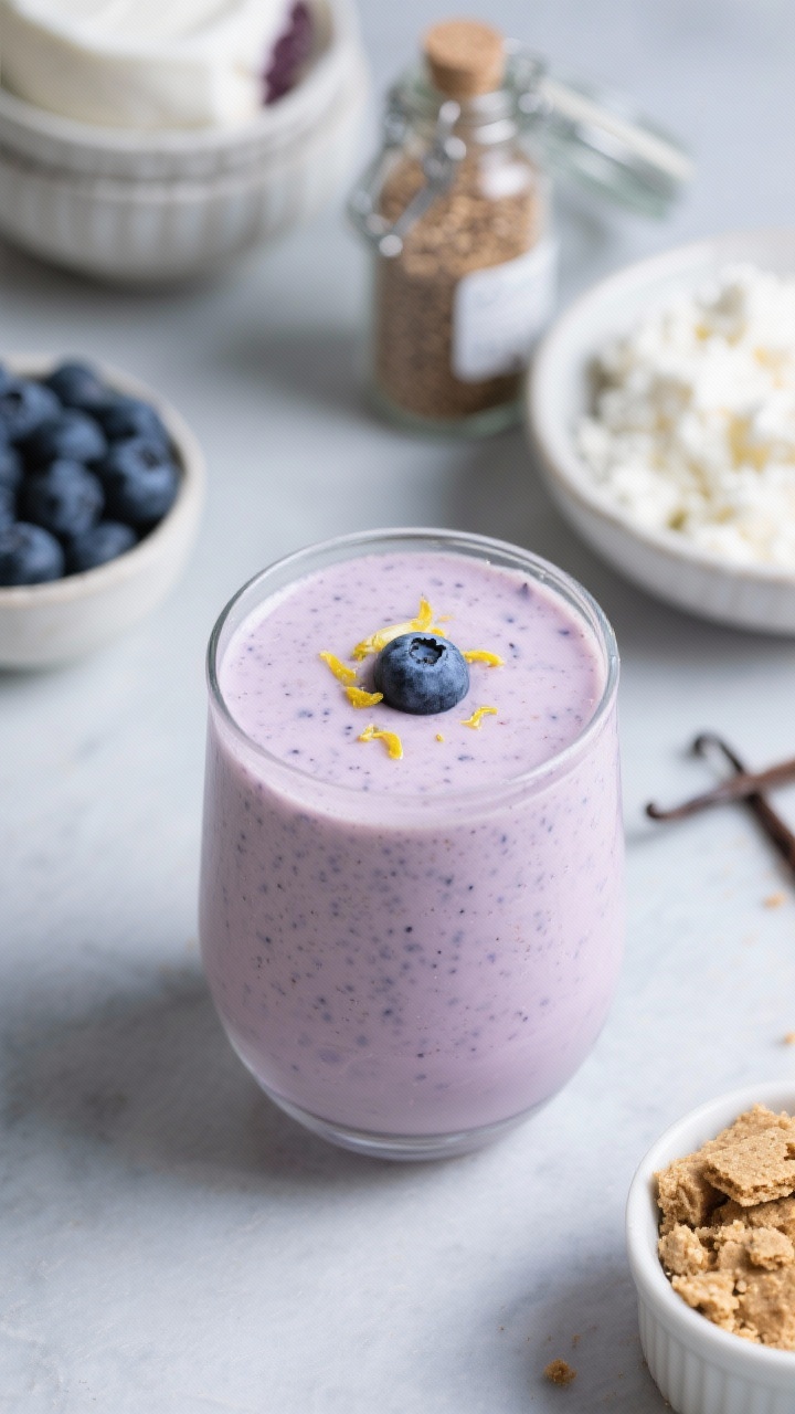 A straight-on beauty shot of the Blueberry Cheesecake Breakfast Shake poured into a stemless glass, ultra-smooth and pale lavender with tiny blueberry flecks; topped with a twist of lemon zest and a single blueberry; background props: bowls of frozen blueberries, Greek yogurt, cottage cheese, a jar of ground flaxseed, vanilla extract bottle; optional side ramekin of crushed graham crackers for crunch; cool-toned lighting to evoke cheesecake creaminess and dessert vibes, shallow depth of field.