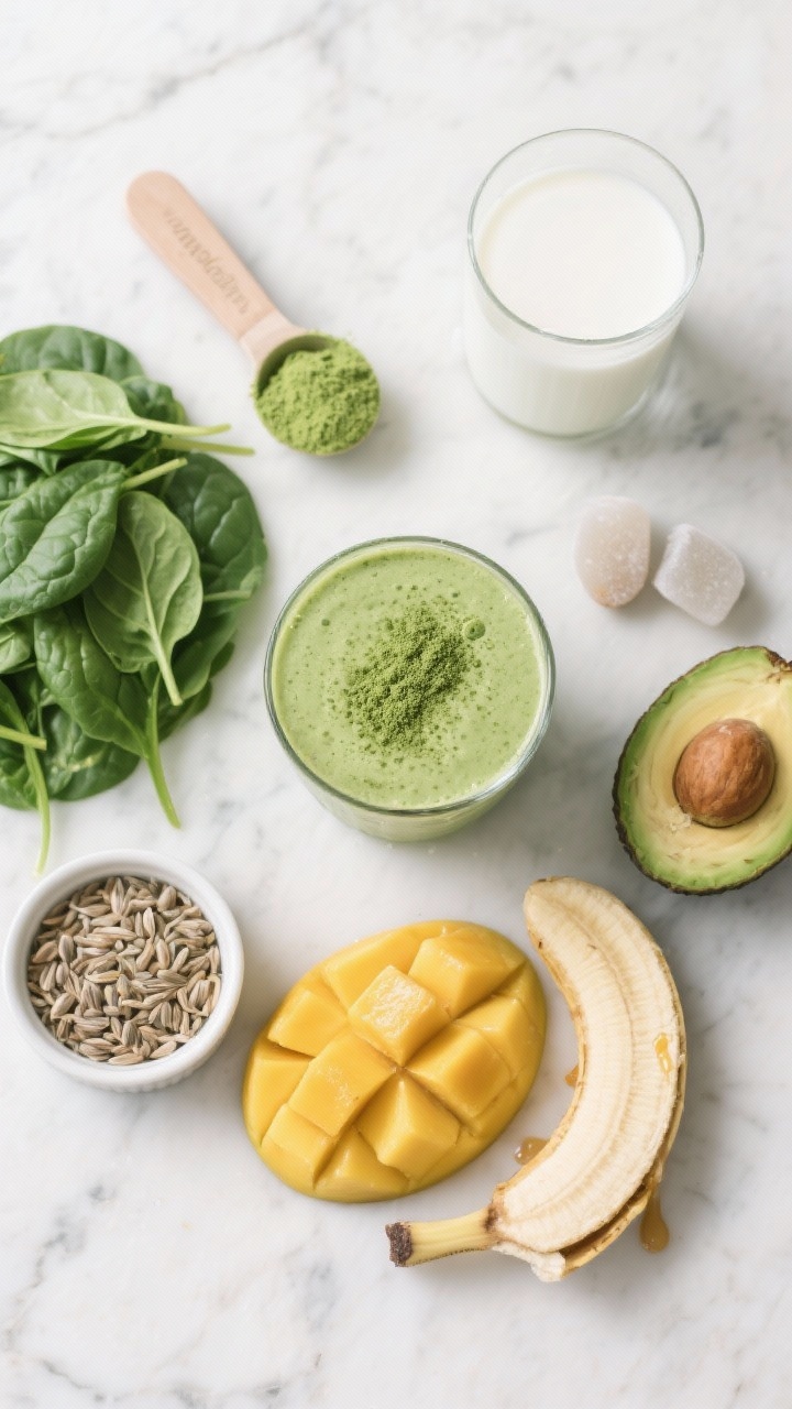 An overhead flat-lay of the Green Glow Matcha Protein Smoothie ingredients pre-blend: bright green baby spinach pile, a teaspoon of vivid matcha powder, vanilla protein scoop, sliced quarter of ripe avocado, frozen mango cubes and half a frozen banana, hemp hearts, honey drizzle in a ramekin, and a glass of unsweetened almond milk; arranged neatly on a light marble surface with a cool, airy color palette; include a finished small tasting glass of the silky green smoothie dusted with matcha; crisp daylight for a clean, energizing vibe.