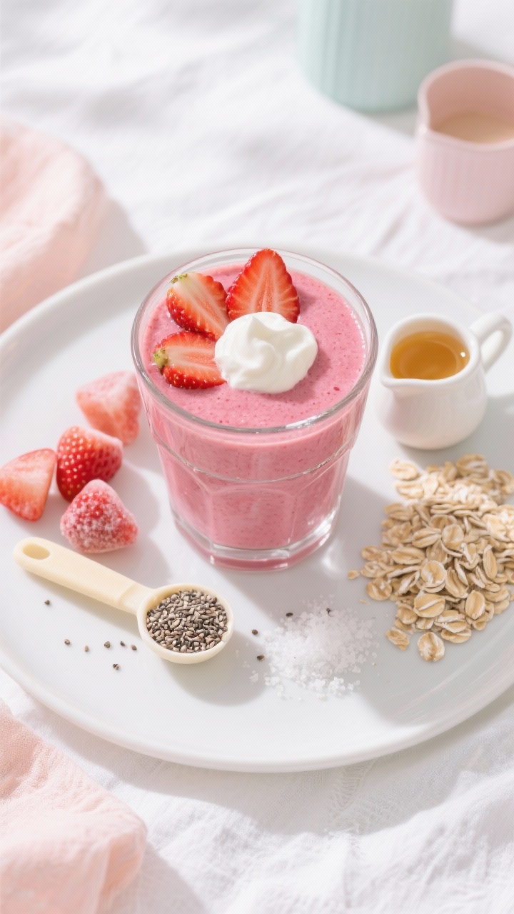 An overhead plated presentation of the Strawberry Shortcake Protein Sipper: vibrant pink smoothie in a short clear glass, topped with sliced fresh strawberries and a dollop of yogurt; arranged with frozen strawberry pieces, vanilla protein scoop, chia seeds, honey in a tiny pitcher, and a pinch of sea salt; optional small mound of rolled oats off to the side; bright, springlike styling on white linen with pale pastel props for a fresh, happy mood.