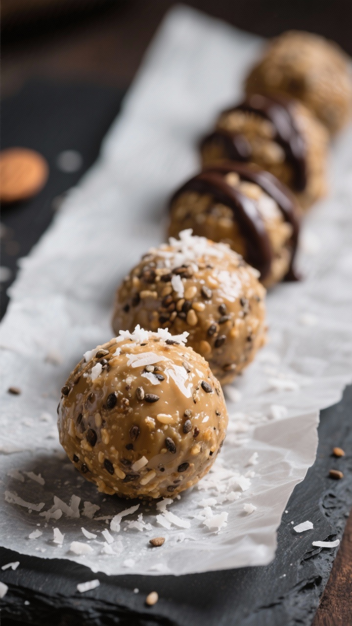 Close-up macro of almond butter protein bombs: round, glossy no-bake balls with visible flecks of ground flaxseed, chia seeds, and shredded coconut; light dusting of coconut on a few, optional dark chocolate drizzle on others; arranged in a staggered line on parchment over a dark slate; soft, moody light highlighting chewy, nutty texture.