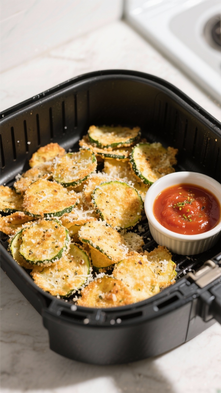 Overhead air fryer basket shot showing crispy Parmesan-coated zucchini chips in a single layer, golden edges with cheese frico texture and specks of Italian seasoning and garlic powder; a light misted sheen from olive oil spray; side ramekin of warm marinara for dipping; bright, directional light to emphasize crunch and salt crystals; minimalist, modern kitchen backdrop.