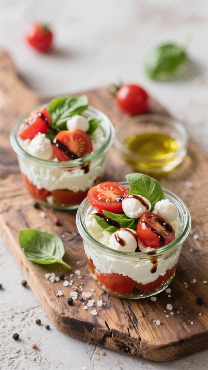 Overhead flat lay of cottage cheese caprese cups: two small glass jars layered with creamy cottage cheese, halved cherry tomatoes, mini mozzarella pearls, torn basil leaves; finished with a shiny balsamic glaze drizzle and a thread of olive oil; salt and pepper visibly sprinkled; fresh, summery palette with reds, whites, and greens on a rustic wooden board.