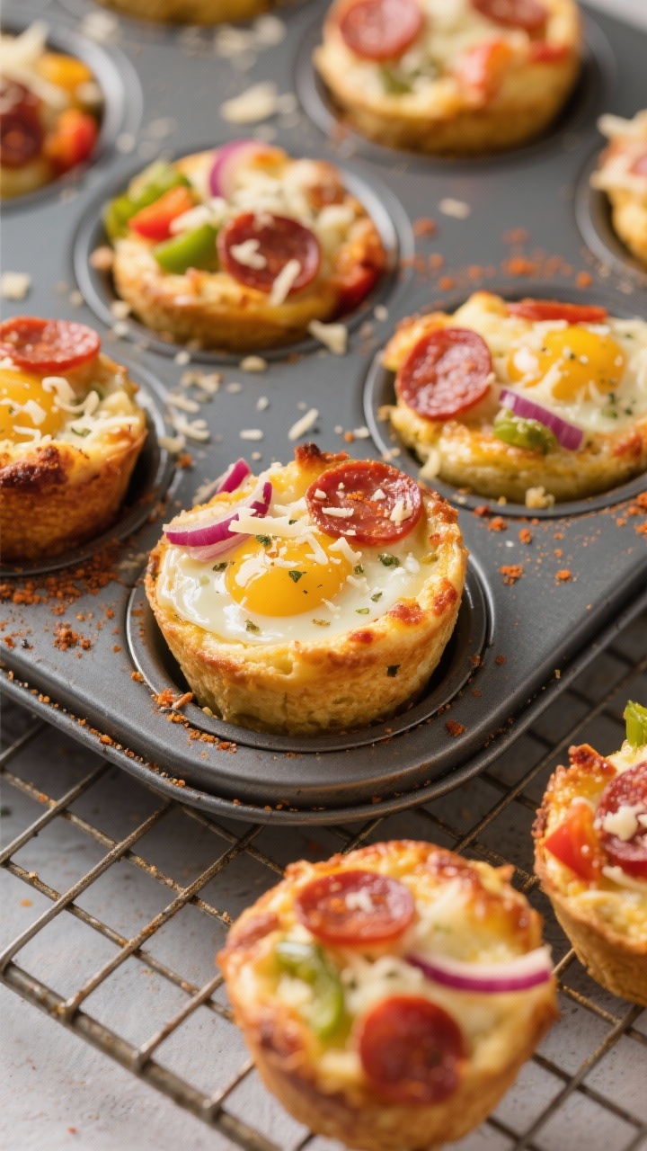 Overhead muffin tin shot right after baking: pepperoni pizza egg muffins puffed and set, with visible mini pepperoni coins, shredded mozzarella stretch marks, grated Parmesan on top, bits of bell pepper and red onion throughout; Italian seasoning and garlic powder speckles; a few muffins removed and placed on a cooling rack to show texture; warm, homey lighting.