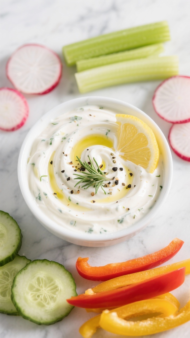 Overhead shot of a thick, tangy Greek yogurt ranch dip swirled in a small white bowl, topped with dried dill, cracked black pepper, a drizzle of olive oil, and a wedge of lemon on the rim; arranged around the bowl are neat veggie dippers: cucumber rounds, celery sticks, radish halves, and multicolored bell pepper strips on a cool marble surface; bright, clean lighting emphasizing creamy texture and herb flecks; no people, professional styling.
