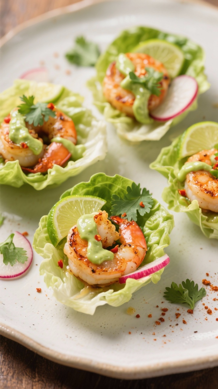 Straight-on plated lettuce cups: butter lettuce leaves cradling chili-lime shrimp (chili powder, cumin, lime zest), topped with silky avocado crema drizzles and a final squeeze of lime; garnished with cilantro and thin radish slices; shrimp look juicy and opaque with a slight char; bright, fiesta-like color palette on a light ceramic platter.