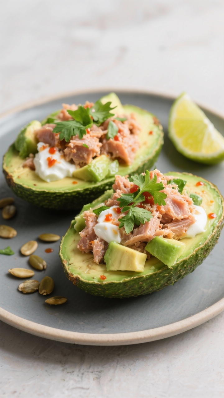 Straight-on plated presentation of spicy tuna avocado boats: two avocado halves piled high with tuna mixed with Greek yogurt, lime juice, Sriracha, salt, and pepper, plus folded-in avocado chunks; topped with chopped cilantro and a squeeze of lime, with optional toasted pumpkin seeds scattered; vibrant green and coral tones, glossy, creamy textures; set on a matte plate with a lime wedge in the background.