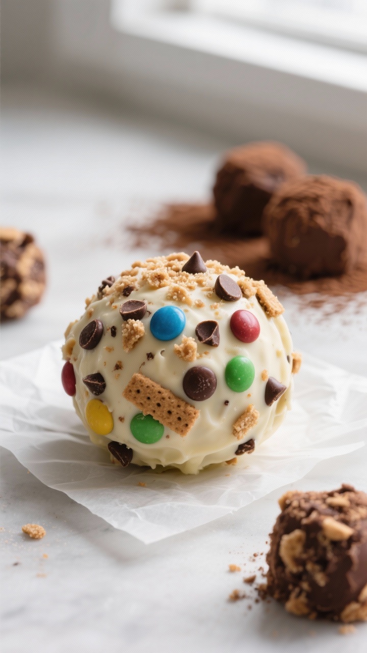 25 inch ball on parchment; visible mix-ins of graham cookie crumbs, mini chocolate chips, and mini c
