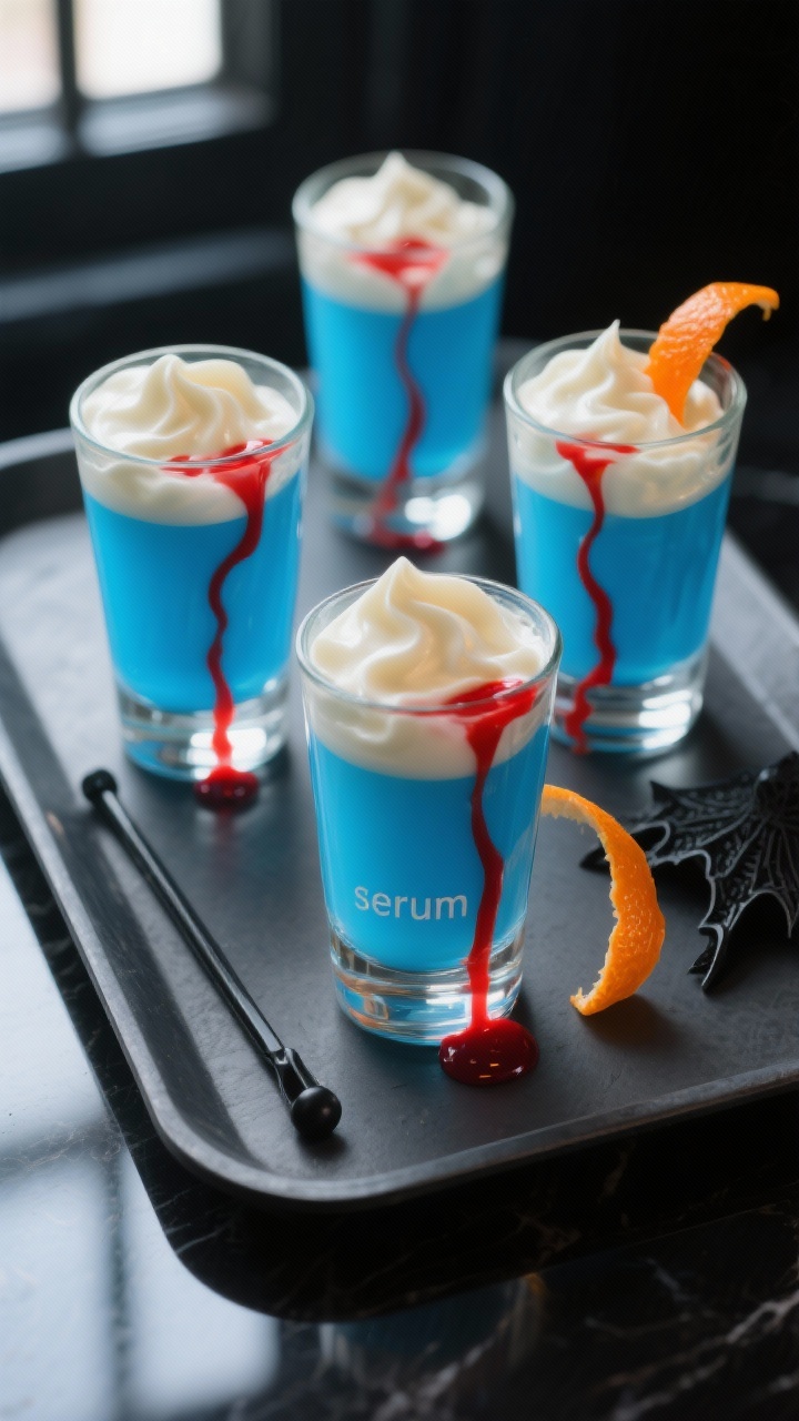 5–2 oz glasses on a matte charcoal tray. Each shot shows a vivid blue “serum” base with creamy