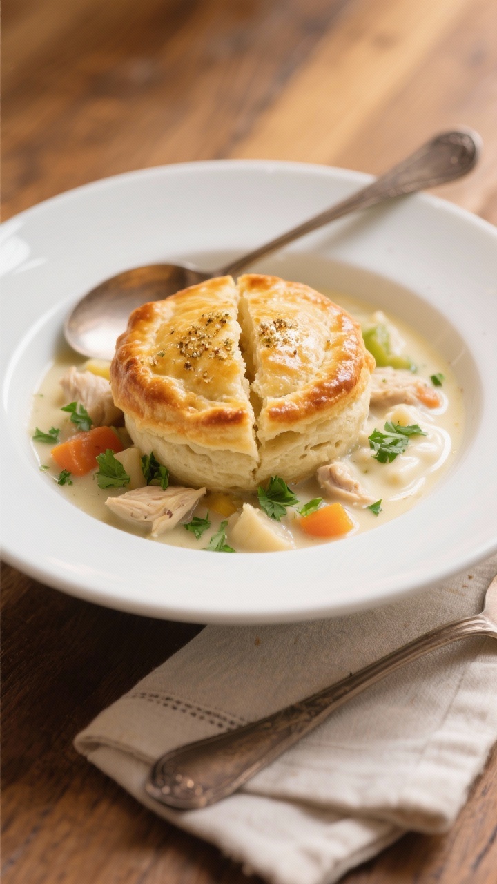 Close, restaurant-style final plating: wide shallow white bowl with a ladle of ultra-creamy chicken 