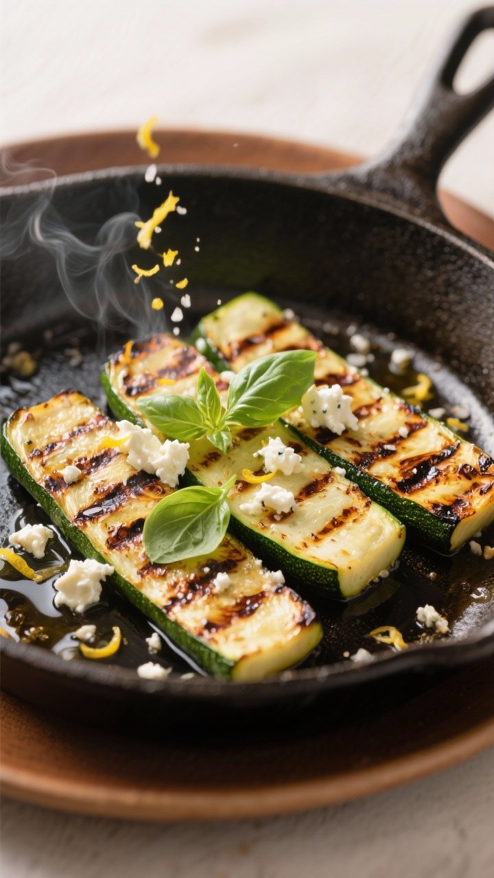 Mediterranean-Inspired Sides for a Lighter Plate: 7 Bright, Bold Bites That Steal the Show 2 Close-up cooking process: charred zucchini planks sizzling in a cast-iron skillet, deep caramelized