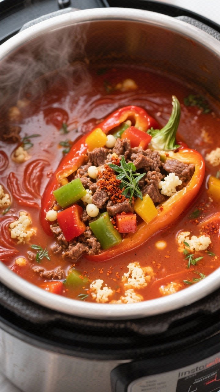 Low Carb Stuffed Pepper Soup—A Flavorful Instant Pot Delight! 1 Close-up cooking process: Instant Pot simmering low carb stuffed pepper soup right after pressure re