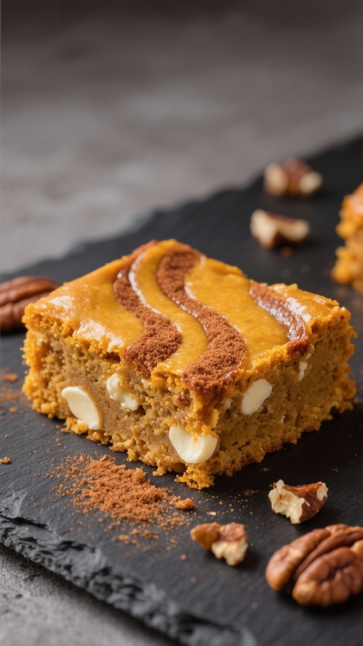 Close-up detail: A just-sliced gooey pumpkin blondie square with a dramatic cinnamon-sugar swirl rib