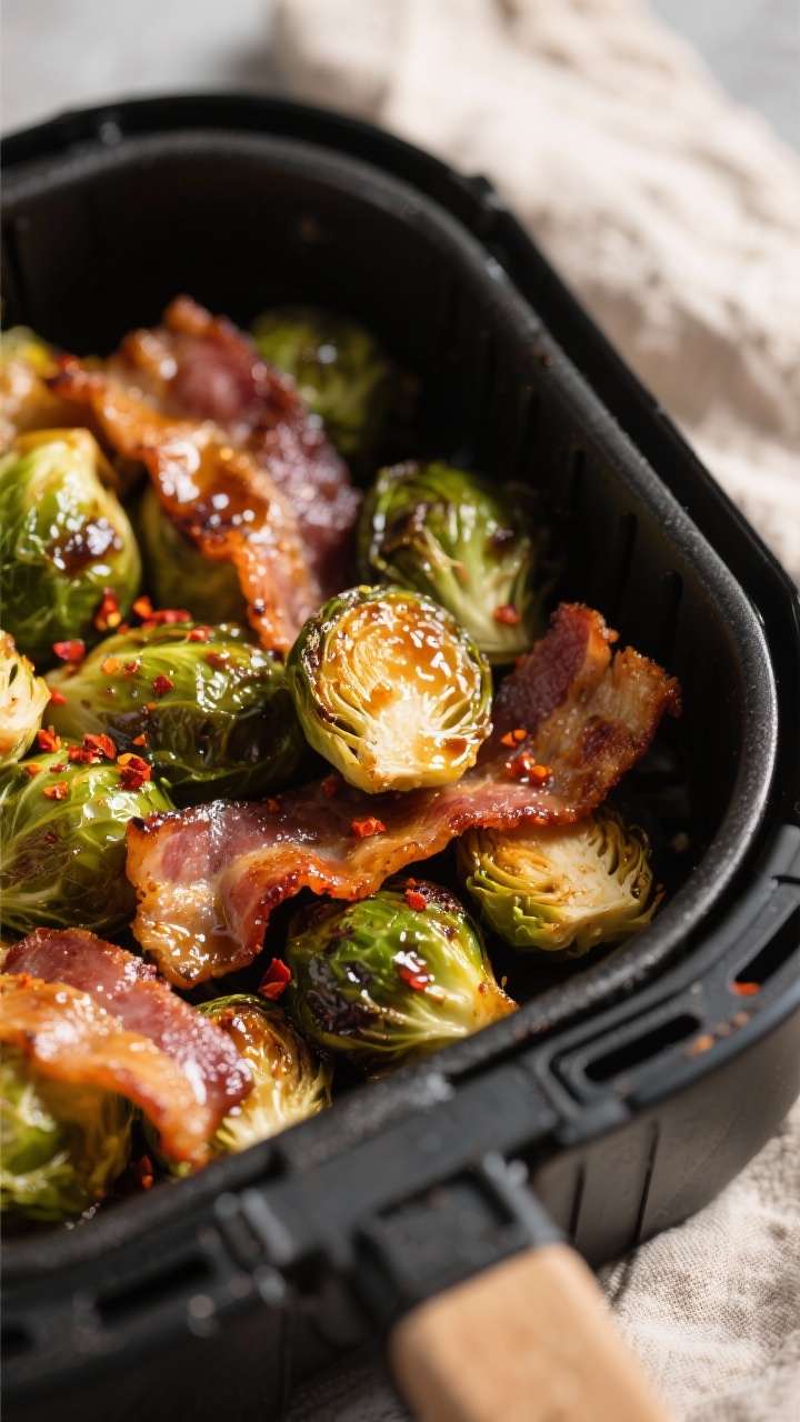Close-up detail: A tight macro shot of air-fried Brussels sprouts and thick-cut bacon just out of th