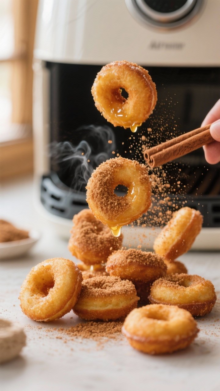 Air Fryer Mini Donut Bites with Spooky Glaze 1 Close-up detail: A tight macro shot of freshly air-fried mini donut bites being tossed in cinnamon-s