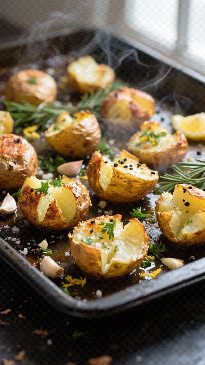 Thanksgiving Side Dishes on a Budget (Still Gorgeous) 1 Close-up detail and process: Garlic-Herb Smashed Potatoes just out of the oven on a dark, rimmed she