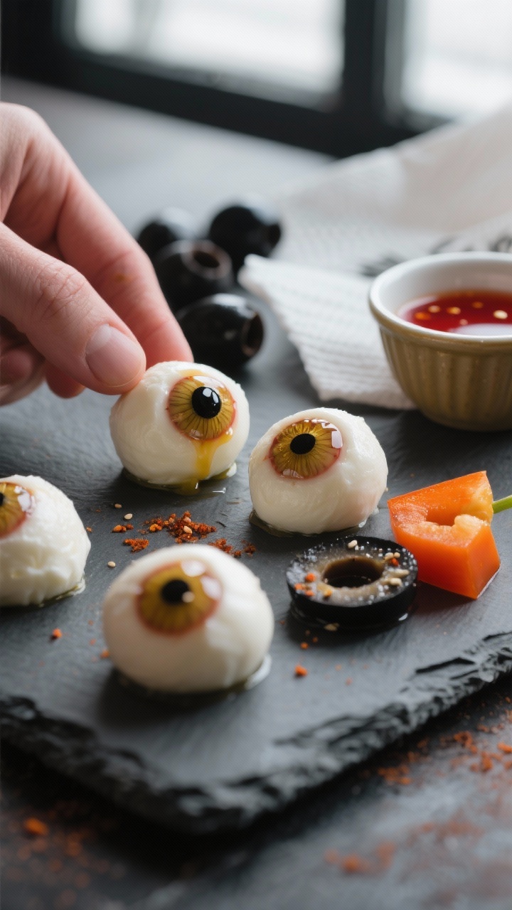 Close-up detail and process: Shallow depth-of-field macro shot of mini mozzarella “monster eyes”