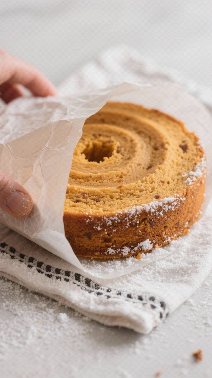Stop Scrolling: This Pumpkin Roll Cake with Cream Cheese Filling Will Ruin All Other Desserts 1 Close-up detail and process shot: A warm pumpkin sponge cake just flipped onto a sugar-dusted kitche