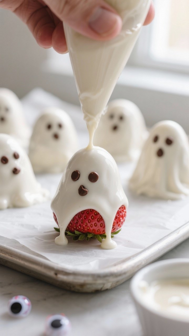 Gluten-Free Easy Halloween Treats That Taste Amazing 1 Close-up detail and process shot: Ghost Strawberries being dipped and set. A freshly dipped strawber
