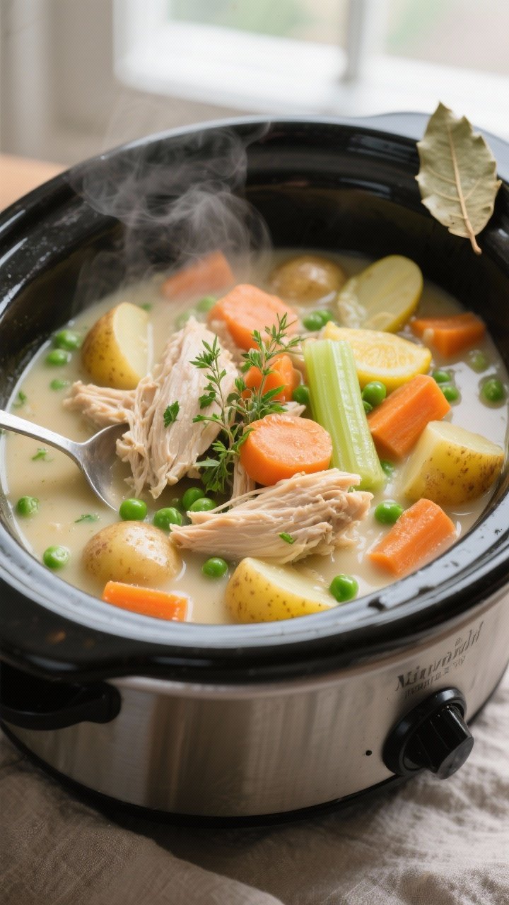 Dairy Free Chicken Pot Pie Crock Pot 1 Close-up detail/cooking process: A steamy slow cooker filled with tender shredded chicken, chunky 3/