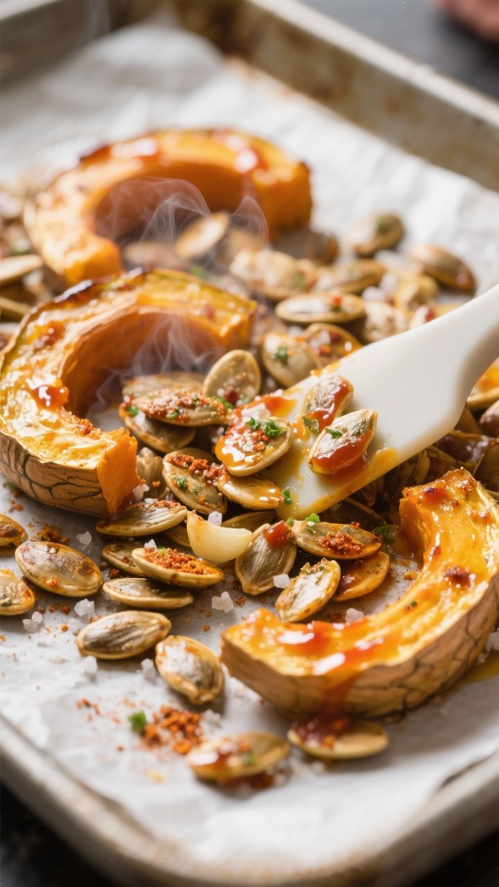 Close-up detail, cooking process: Buffalo ranch roasted pumpkin seeds just out of the oven during th