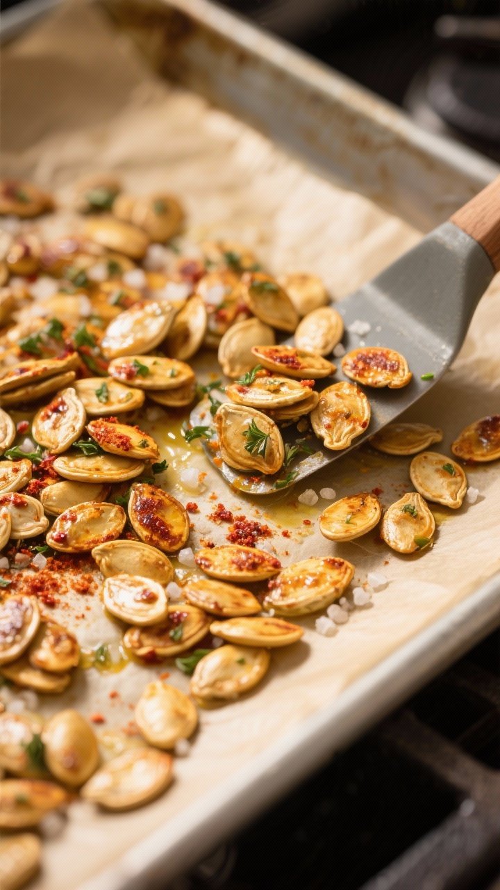 Close-up detail, cooking process: Garlic herb roasted pumpkin seeds just out of the oven on a parchm