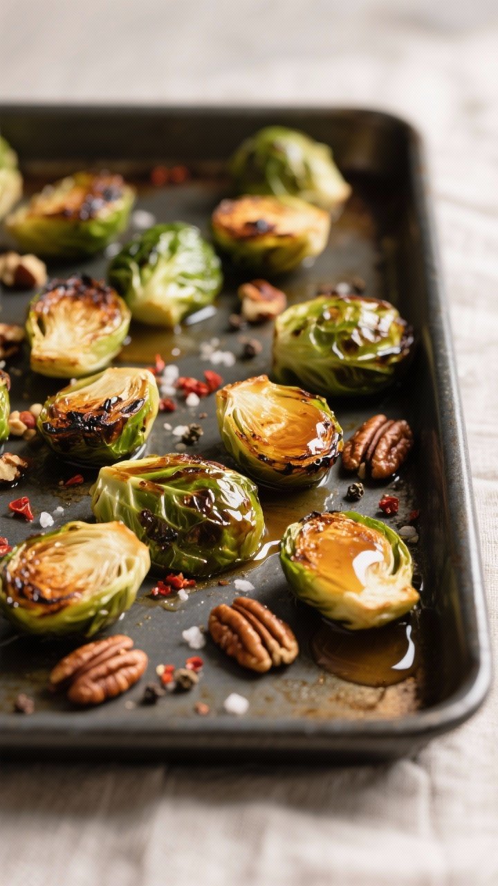 Close-up detail/cooking process: Roasted Brussels sprouts just out of a 425°F oven, arranged cut-si