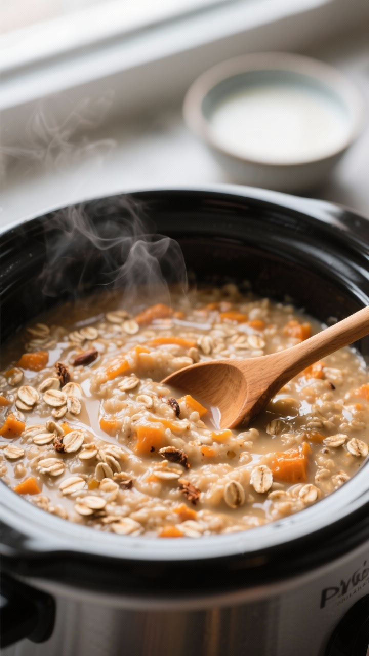 Close-up detail/cooking process: Silky slow-cooker pumpkin pie oatmeal being stirred just after the 