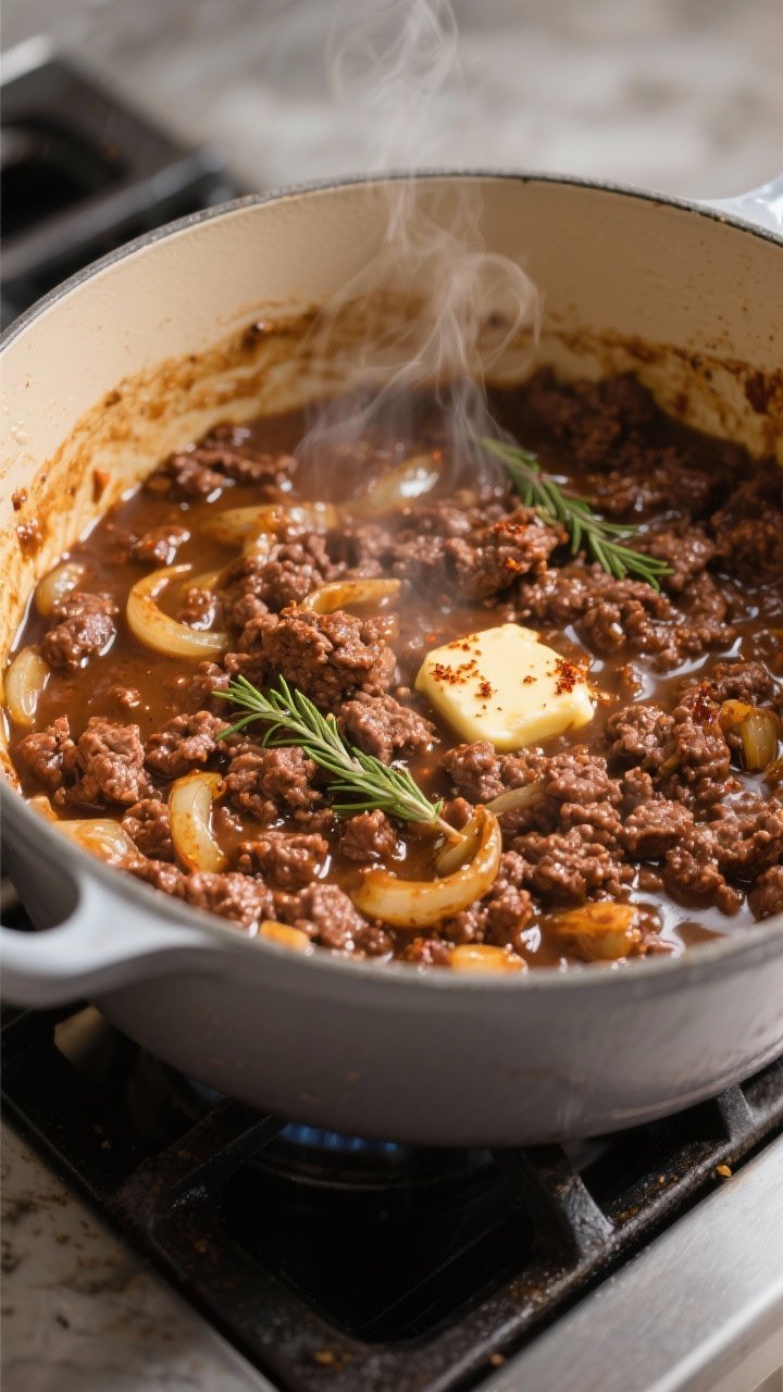 Ground Beef Egg Noodles Recipes That Slap: Cozy, Creamy, and Weeknight-Quick 1 Close-up detail: Deeply browned ground beef and onions in a Dutch oven as the roux transforms into a