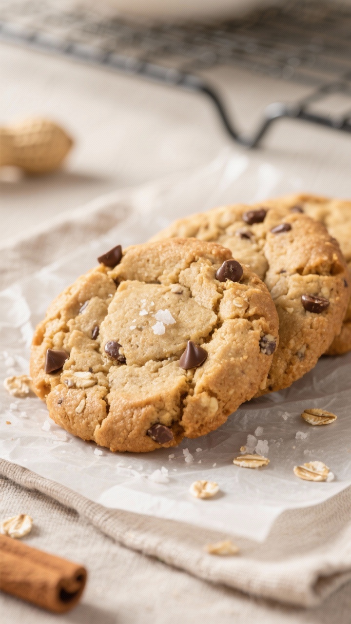 Close-up detail: Freshly baked peanut butter banana protein cookies resting on parchment, edges just