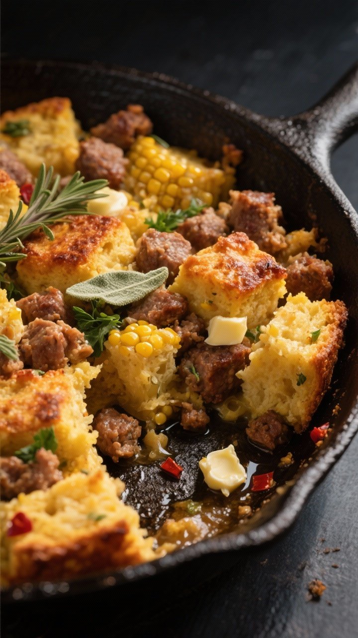Close-up detail: Golden-brown cornbread sausage stuffing just out of the oven in a preheated cast-ir