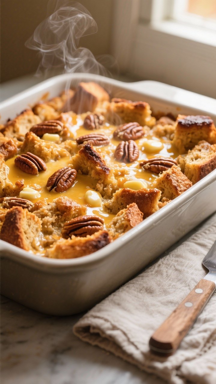 Close-up detail: Golden-brown pumpkin bread pudding just out of the oven in a 9x13 baking dish, cris