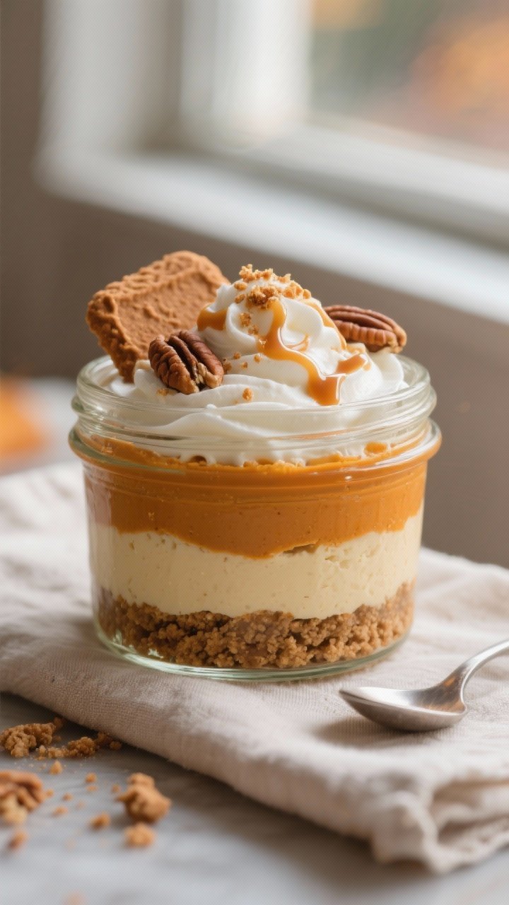 Close-up detail of a layered no-bake pumpkin cheesecake jar just after chilling, showing distinct st