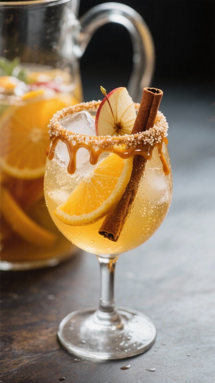Caramel Apple Cider Sangria: The Cozy Party Punch That Tastes Like a Fall Festival in a Glass 2 Close-up detail of a single stemless wine glass of finished sangria being served, rim drizzled with