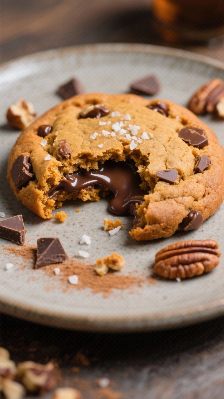 Soft Pumpkin Chocolate Chip Cookies That Practically Melt in Your Mouth 2 Close-up detail of a single thick pumpkin chocolate chip cookie broken open on a matte stoneware pla