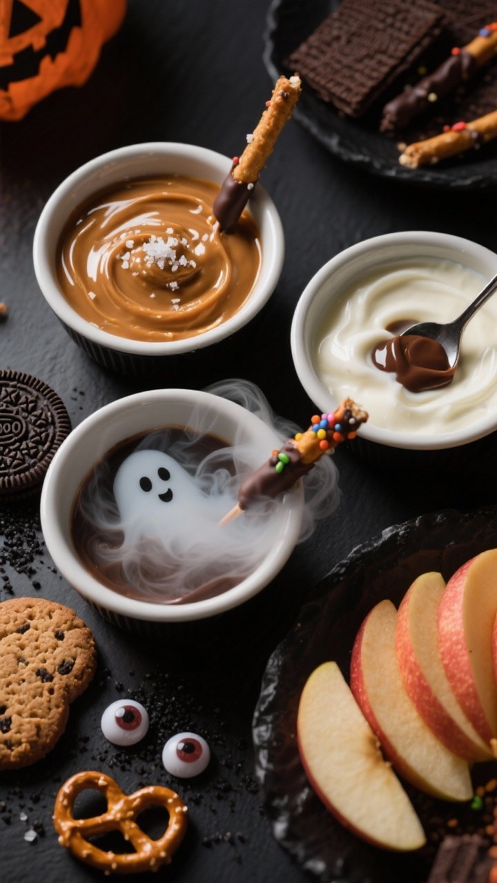 Halloween Treat Boards: Dessert Charcuterie 101 — The Spookiest Sweet Spread You’ll Build All Year 2 Close-up detail of the dip trio as a process moment: three small bowls framed tightly—caramel sauc