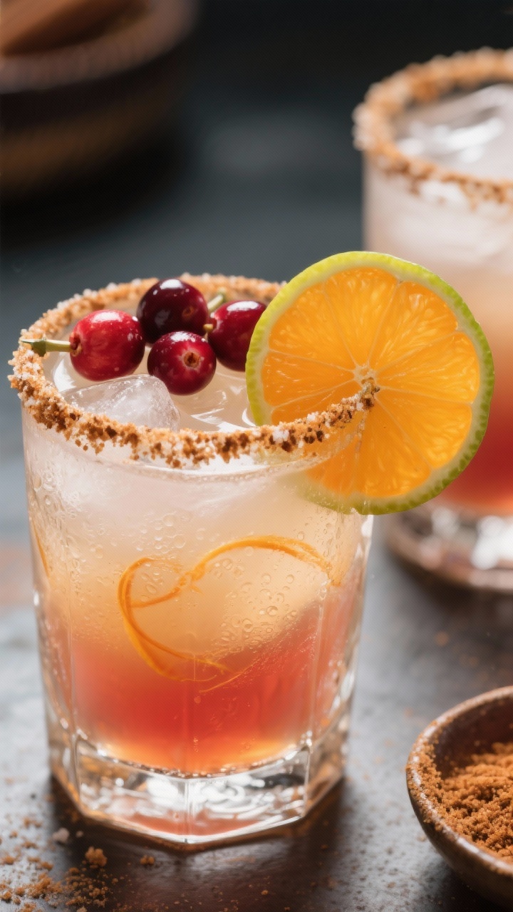 Close-up detail of the finished margarita in a rocks glass, hero shot: perfectly clear, pale ruby-go