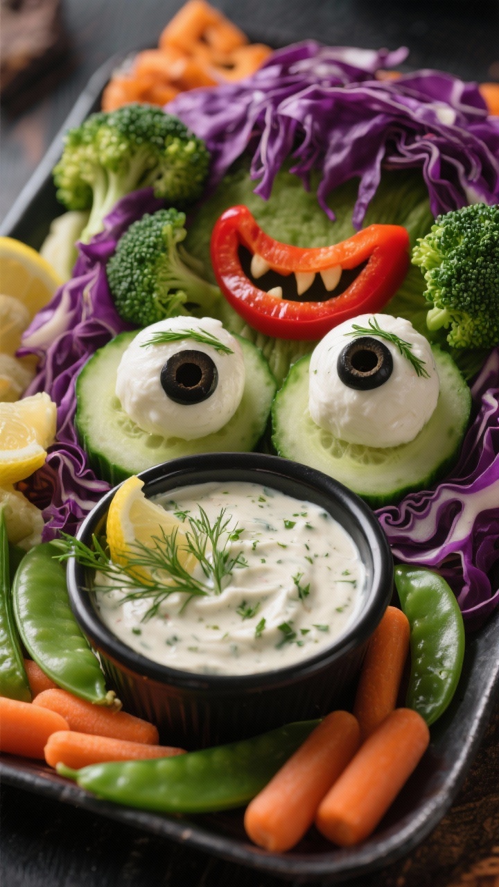 Close-up detail of the Monster Face tray centerpiece, focusing on the edible eyes and dip: two mozza