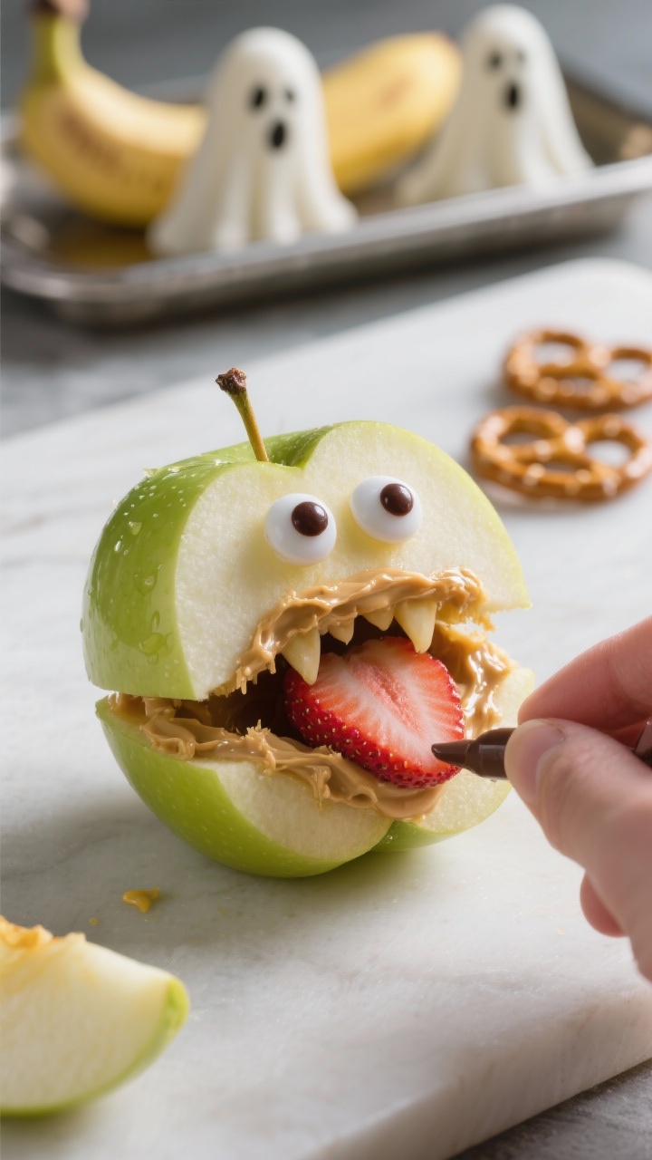 Close-up detail of the “monster mouth” apple assembly in progress: two Granny Smith wedges brush