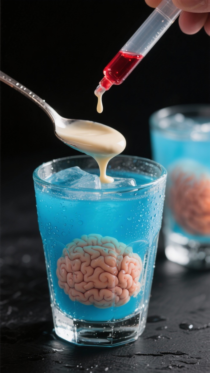 Close-up detail, process shot: A chilled clear shot glass being filled two-thirds with a layered ele