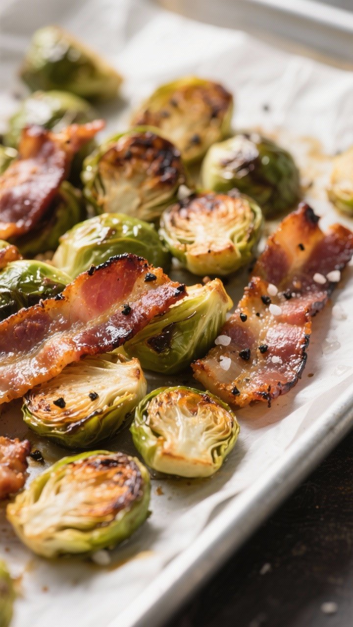 Brussel Sprout Recipes with Bacon Balsamic Glaze That Make Veggies Disappear 1 Close-up detail: Roasted Brussels sprouts and bacon just out of the oven, cut-sides deeply carameliz