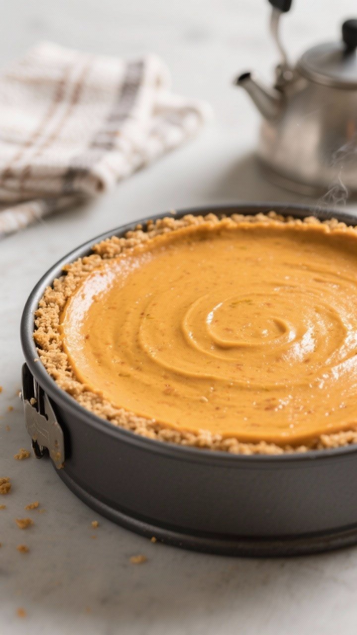 Close-up detail shot: A freshly baked pumpkin cheesecake in a 9-inch springform pan just out of the 