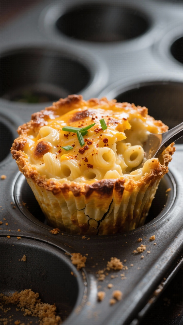 Close-up detail shot: A just-baked Monster Mac and Cheese Cup lifted slightly out of a muffin tin wi