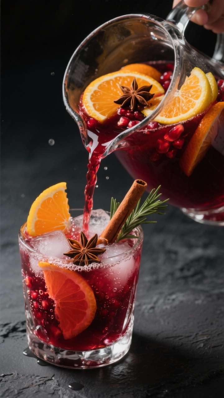 Close-up detail shot: A moody, cinematic close-up of the finished Vampire Sangria being poured from 