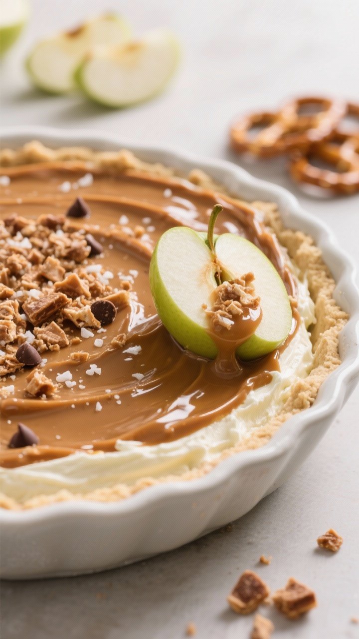 Cream Cheese Caramel Apple Dip Toffee: The 10-Minute Party Trick That Disappears First 1 Close-up detail shot: A shallow pie dish filled with the finished cream cheese caramel apple dip—t