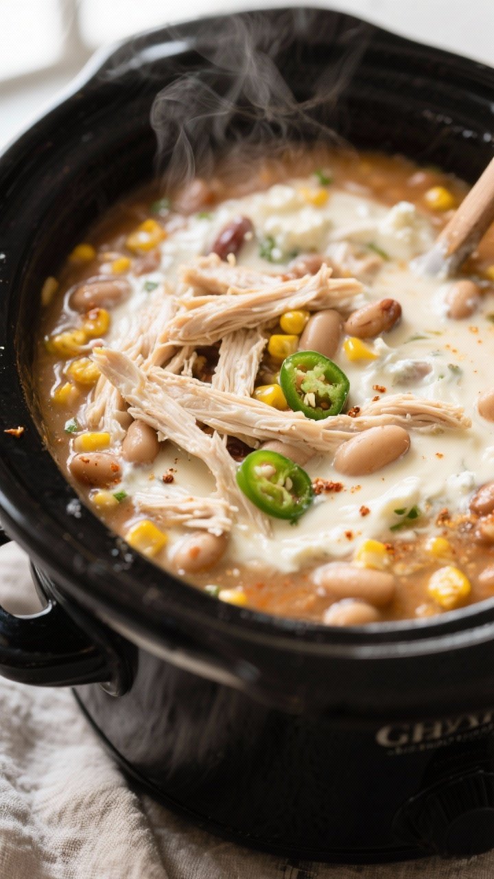 Easy White Chicken Chili Crockpot Recipes That Practically Cook Themselves 1 Close-up detail shot: Creamy white chicken chili mid-stir inside a matte-black slow cooker, shredded