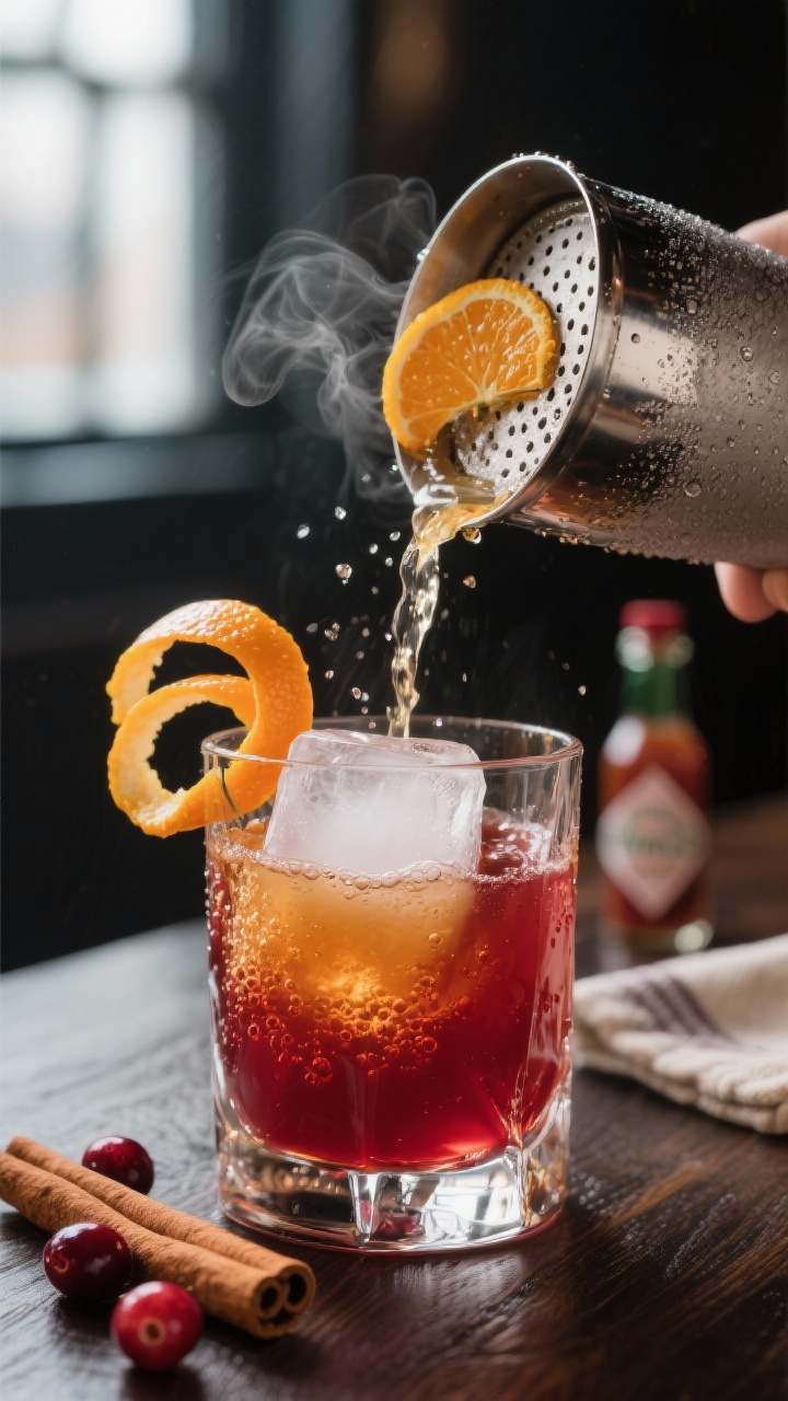 Close-up detail shot: Double-strained cranberry apple cider cocktail being poured from a frosty shak